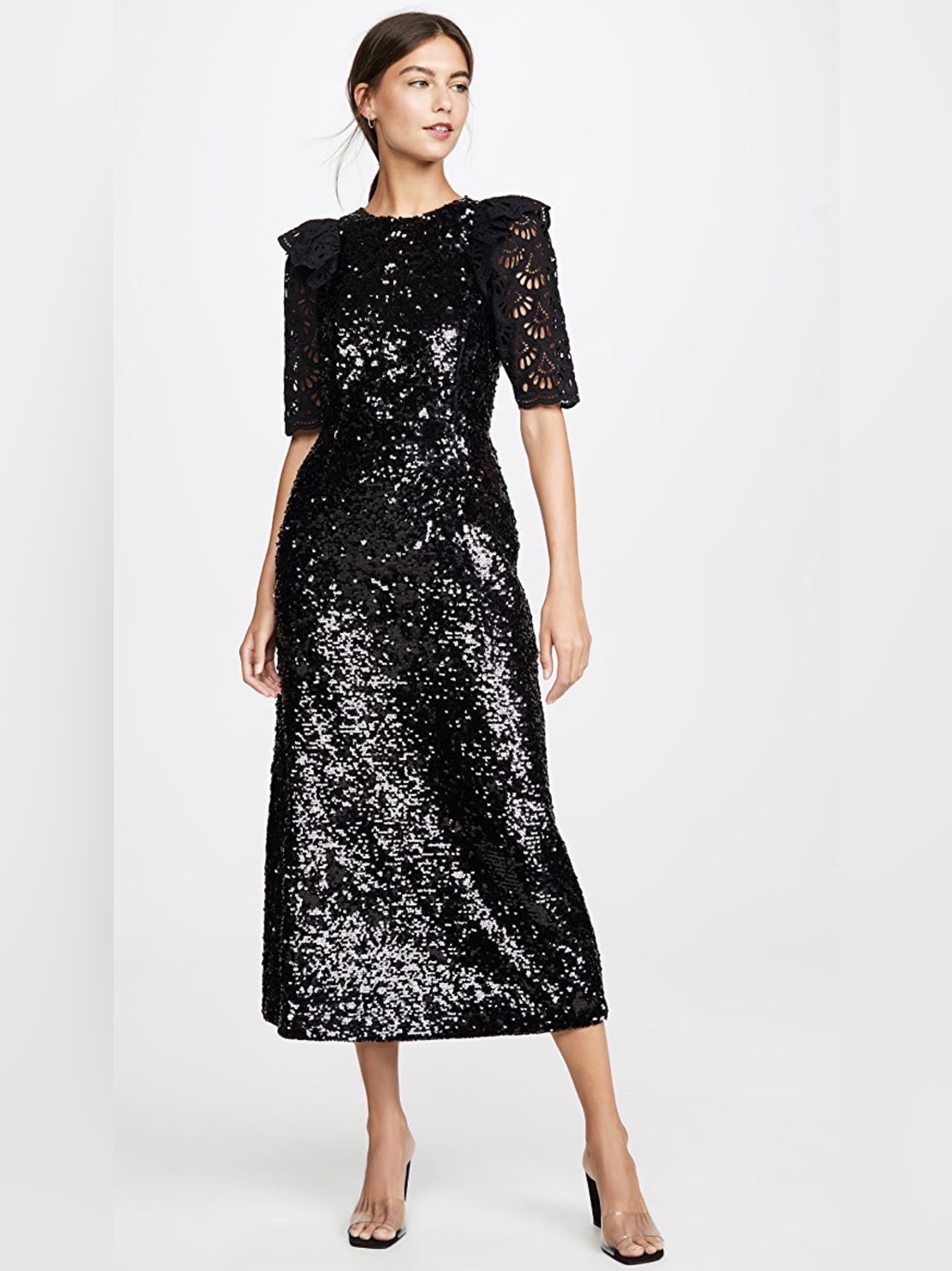 Sea New York Black Sequin Midi Dress With Ruffled Lace Sleeves 0 Xs